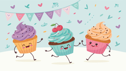 Design a playful bakery banner featuring animated cupcakes, showcasing diverse frosting and sprinkles.  Include vibrant colors and a cheerful, whimsical style.