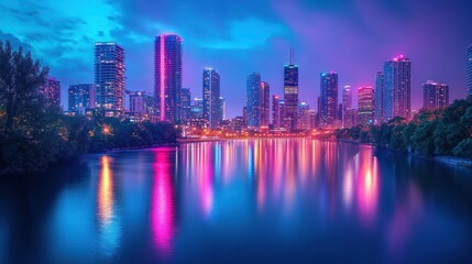Fototapeta premium Miami Nightscape: Vibrant City Skyline Reflected in Calm Waters