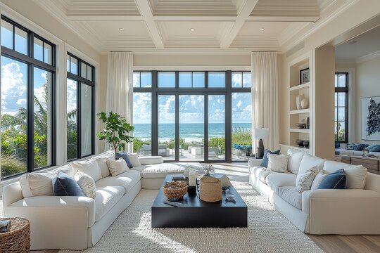Cozy living room with white sofa and chairs, ocean views from large windows in Palm Beach, Florida, coastal style, luxury design, and blue accents.