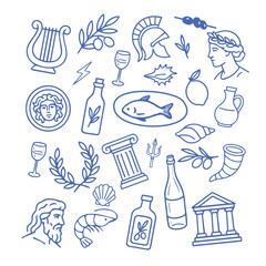 Greek inspired doodle collection featuring mythological symbols, food, wine, olive oil, laurel wreaths, gods, and architecture in clean blue and white line art. Vector illustration