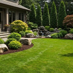 Obraz premium Lush green lawn and garden with a small waterfall and rock features. A house is visible on the left. Beautiful landscaping.