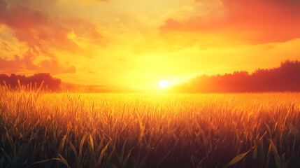Sun-drenched open field glows at golden hour, bathed in warm light and tranquility