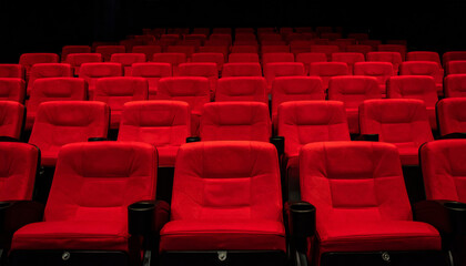 Obraz premium row of vibrant red seats in theater creates striking visual, inviting viewers to enjoy cinematic experience. empty seats evoke sense of anticipation and excitement