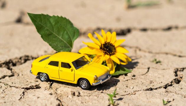 yellow miniature car is positioned on dry, cracked earth, accompanied by bright sunflower and green leaf, creating cheerful and playful scene
