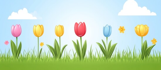 Colorful Cartoon Tulips Blooming in a Verdant Meadow under a Sunny Sky