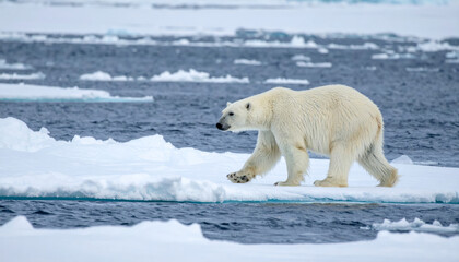 polar bear walks gracefully across melting ice in vast, icy landscape, showcasing beauty and fragility of its natural habitat. scene evokes sense of wonder and concern for climate change