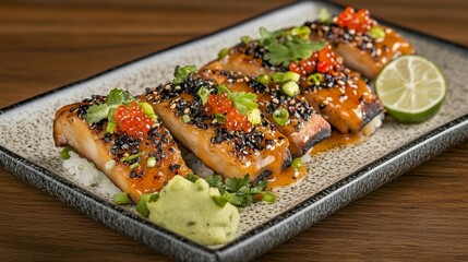 Grilled fish fillet with rice, sesame seeds, orange glaze, and tobiko.