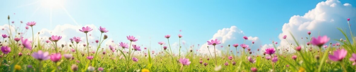 Fototapeta premium Delicate pink and purple wildflowers spread across a sunny meadow, clear blue sky above , flowers, fresh
