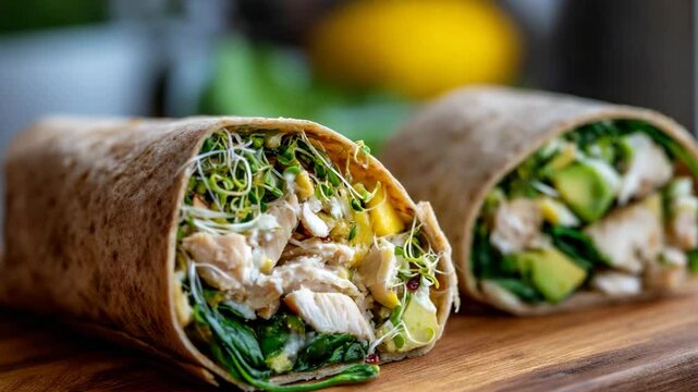 A mouthwatering chicken and vegetable wrap showcasing fresh ingredients, beautifully arranged on a wooden board, symbolizing healthy eating and culinary delight.