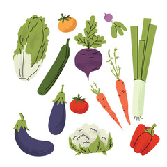 Colorful flat style illustration of assorted vegetables including carrots, eggplant, lettuce, tomatoes, peppers, and more. Ideal for healthy eating, farming, or market designs. Vector illustration