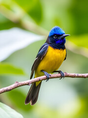 Obraz premium Blue-crowned manakin - Lepidothrix coronata bird in the Pipridae family. The males have a brilliant blue cap, found in Bolivia, Brazil, Colombia, Costa Rica, Ecuador, Panama, Peru, Venezuela