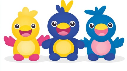 Obraz premium Three happy cartoon pixel birds illustrations together representing unity and friendship cute mascot characters cheerful avian illustration design for childrens books