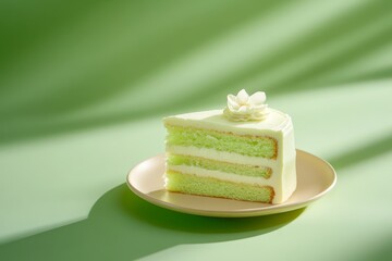 Slice of pastel green cake featuring layers of cream and topped with an edible flower, artfully arranged on a ceramic plate with a light green background