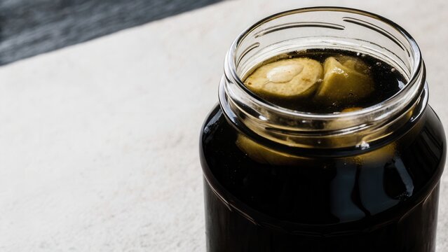 Muted Tones Style. Close-up of marinated artichoke hearts in a glass jar.