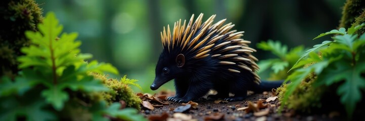 Obraz premium Nocturnal echidna foraging amongst Tasmanian rainforest ferns , forest, wildlife