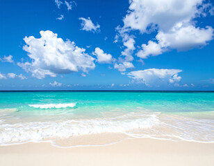 Obraz premium stunning tropical beach scene featuring bright blue sky with fluffy white clouds, turquoise waters gently lapping at sandy shore, creating serene and inviting atmosphere