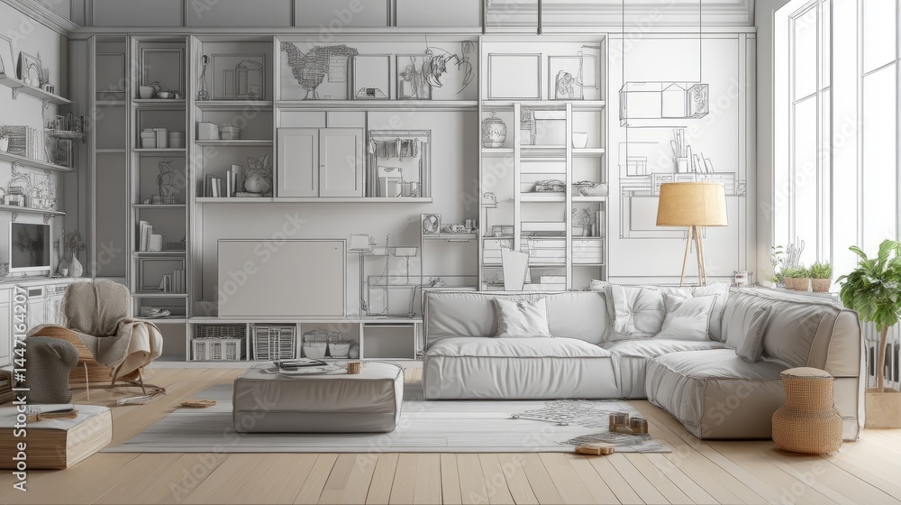 Poster 3d home design process in motion: cupboards being installed, sofas materializing, and decor elements