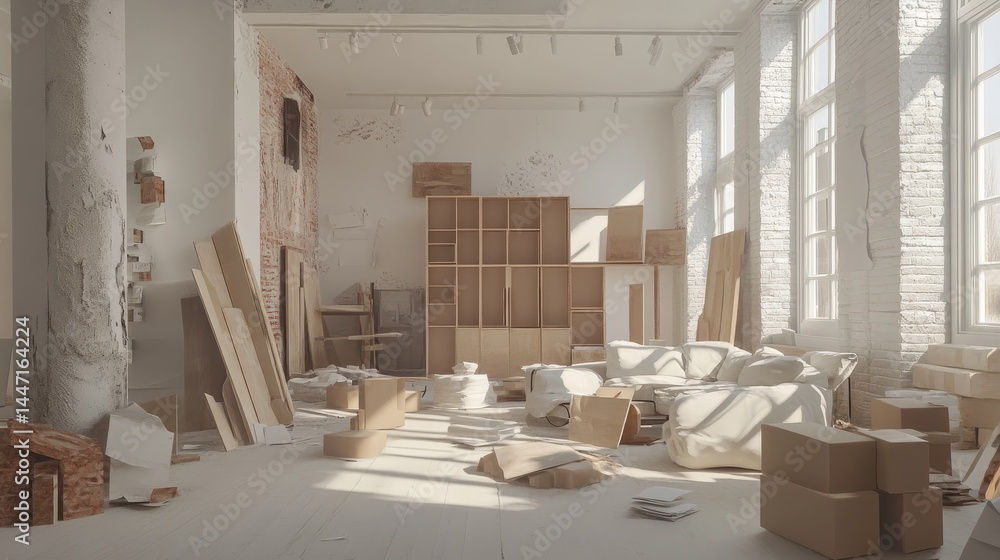 Poster 3d home design process in motion: cupboards being installed, sofas materializing, and decor elements
