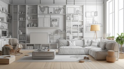 Fototapeta premium 3D home design process in motion: cupboards being installed, sofas materializing, and decor elements filling an empty loft