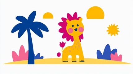 Playful giraffe in a tropical setting with pixelated style evoking childhood nostalgia and bright summer colors for children's book illustration