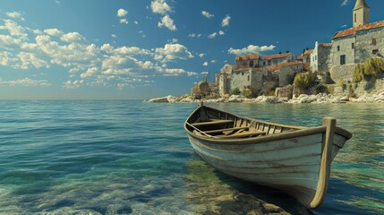 Obraz premium Picturesque Coastal Village with Rowboat
