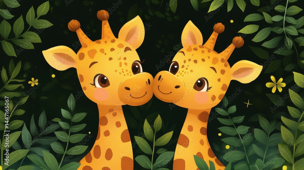 Poster adorable giraffe pair in a lush botanical setting, stylized with charming pixel art elements for a p