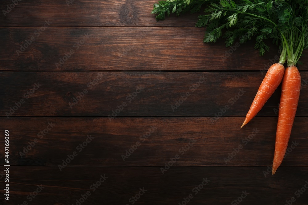 Poster overhead view showcases a single vibrant organic carrot with a textured green top on a rustic wooden