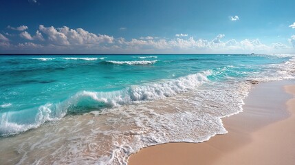 Pristine Ocean View with Sandy Beach and Turquoise Waves at Shore