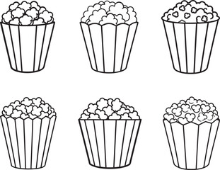 set of popcorn line art, black outline, vector and illustration, coloring book page line art drawing