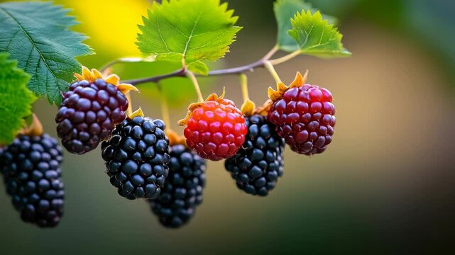 Bunch of blackberries hanging from a tree. The berries are ripe and ready to be picked