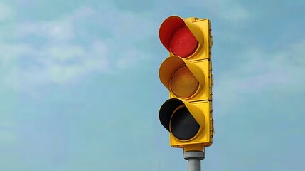 A traffic light stands tall against a clear blue sky, symbolizing road safety, transportation control, and decision-making in urban environments.
