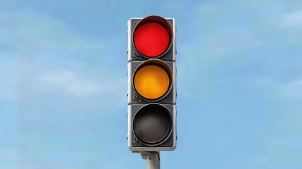 A traffic light stands tall against a clear blue sky, symbolizing road safety, transportation control, and decision-making in urban environments.
