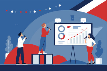 Design a vibrant vector background for a startup pitch event, showcasing diverse people interacting enthusiastically.  Include elements suggesting innovation and networking.