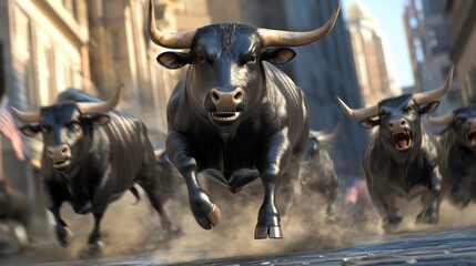 Charging Black Bulls on City Street