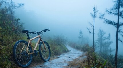 Obraz premium Misty Mountain Bike Ride: A Serene Escape in the Fog