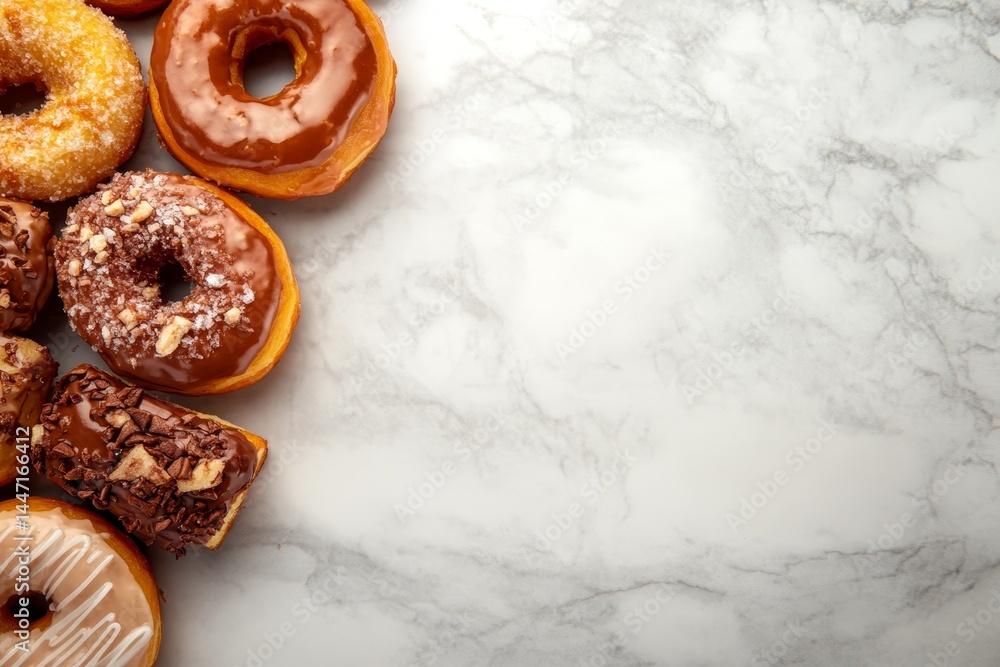 Poster Overhead view features a selection of glazed cronuts with diverse toppings arranged on a marble countertop, inviting a delicious tasting experience