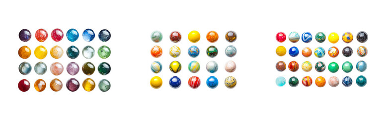 Fototapeta premium Collection of various colorful glass marbles on black surface, cut out transparent