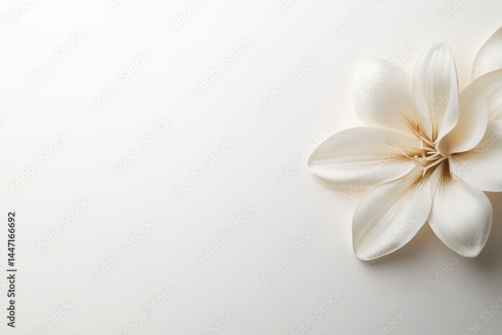 Poster delicate white lily placed on a light white surface, illuminated by natural light, creating a serene