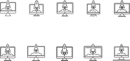 A set of computer monitor outlines featuring rocket launch icons, symbolizing technology, innovation, and start-up concepts. Ideal for business, science, and programming-related creative projects.

