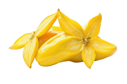 Close-up image of several star fruit pieces arranged in an aesthetically pleasing manner. The vibrant yellow color and the star-like form are clearly visible.