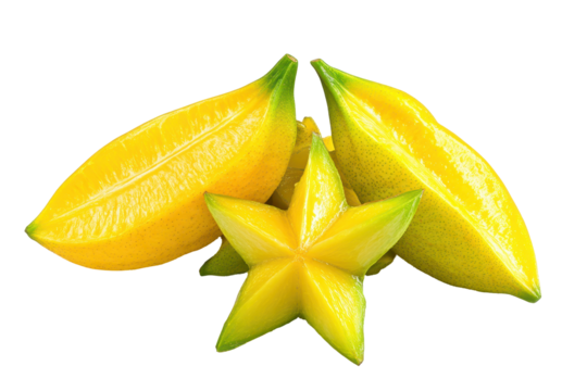 Collection of halved, bright yellow star fruit, showcasing their vibrant color and star-shaped form against a black background.