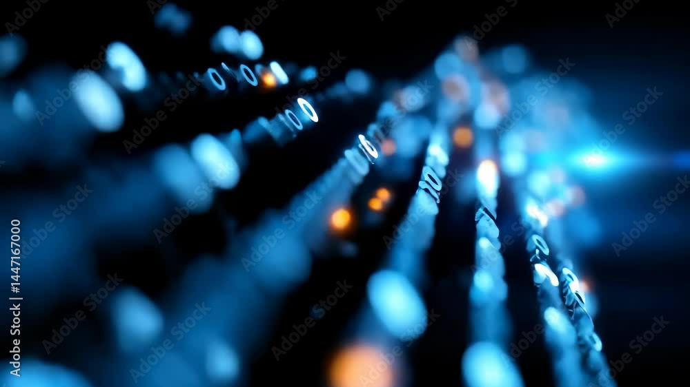 Poster glowing binary code in digital environment