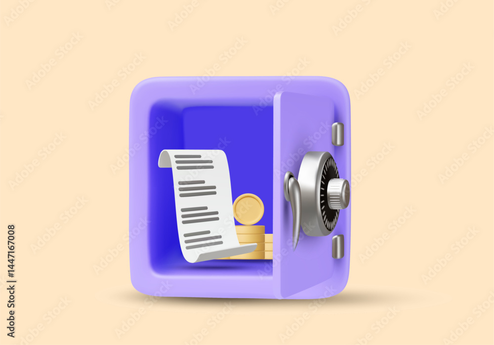 Poster 3d illustration vector render of open safe icon with coins inside and receipt on front. concept of f