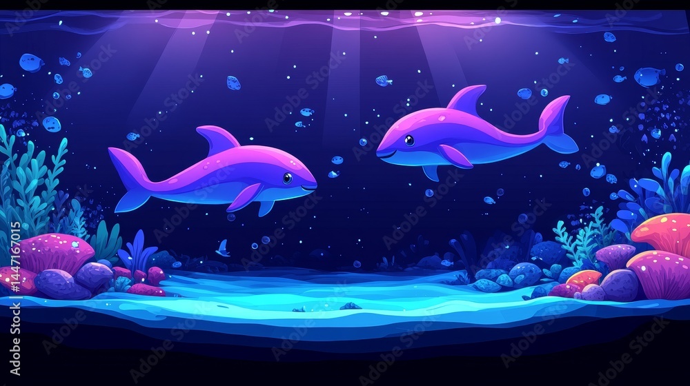 Poster enchanting pixelated dolphin rendezvous in an ethereal aquatic realm rendered with a distinctive ret