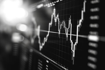 The black and white background showcases a widescreen abstract financial chart featuring an uptrend graph and candlestick, creating a visually appealing display    