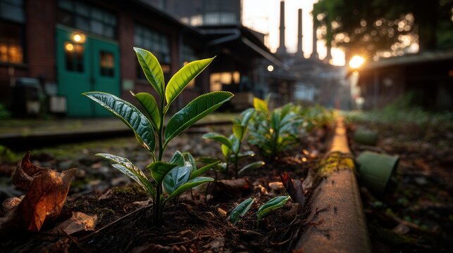 Hopeful young plant growing in abandoned industrial site at sunset
