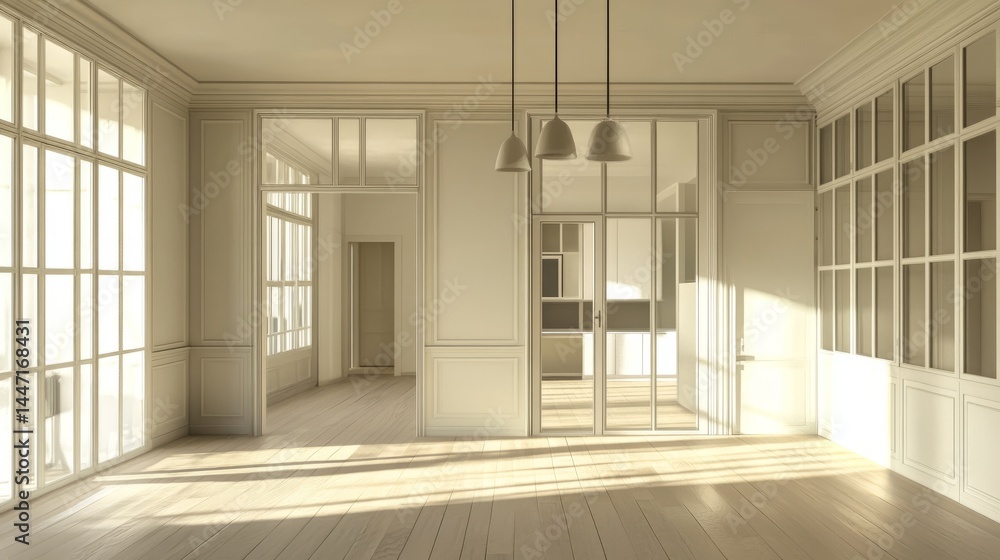 Poster digital interior design sequence showing an empty apartment becoming fully furnished via online shop