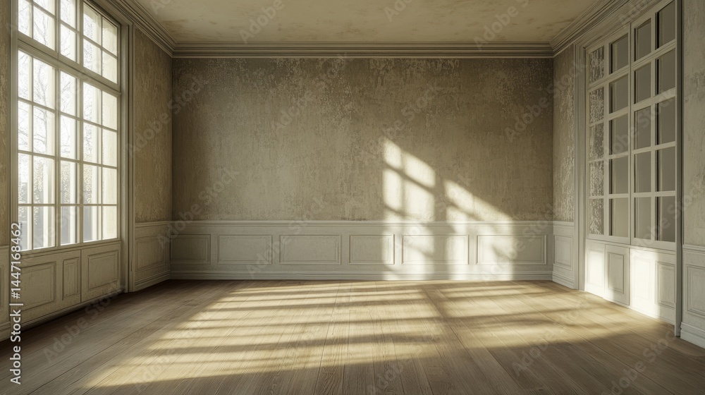 Poster digital interior design sequence showing an empty apartment becoming fully furnished via online shop