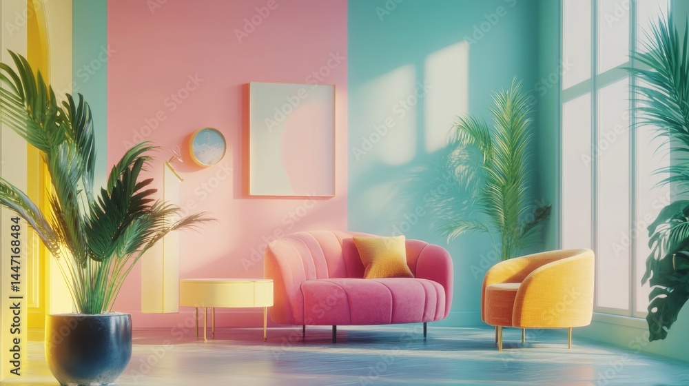 Poster digital interior design sequence showing an empty apartment becoming fully furnished via online shop