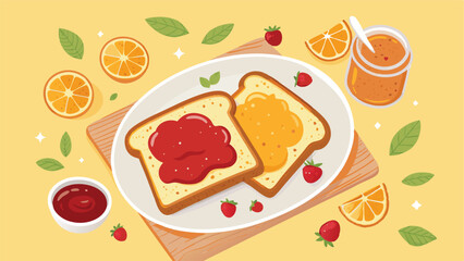 Create a vibrant vector illustration for an ad banner featuring a delicious slice of golden toast with strawberry jam, emphasizing freshness and morning delight.